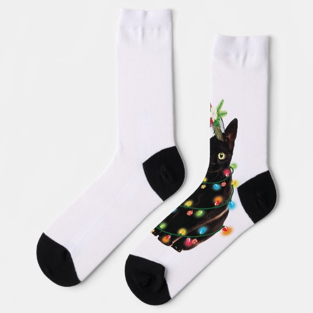Black Cat Santa Tangled Up In Christmas Lights Swe Socks (Left)