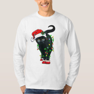 Black Cat Santa Tangled Up In Christmas Lights T-Shirt