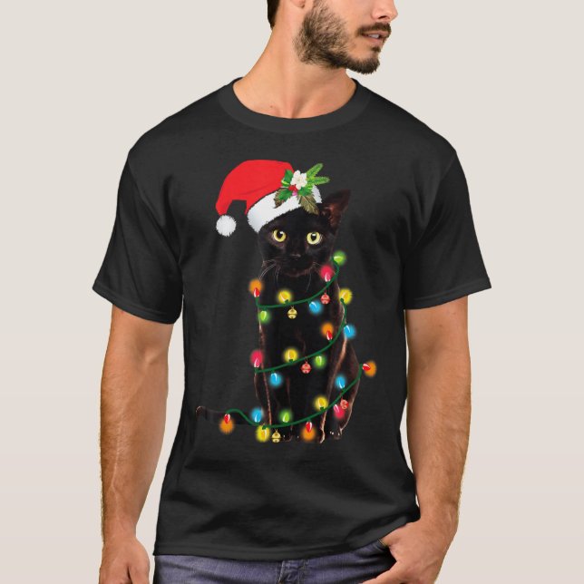 Black Cat Santa Tangled Up In Christmas Lights  T-Shirt (Front)