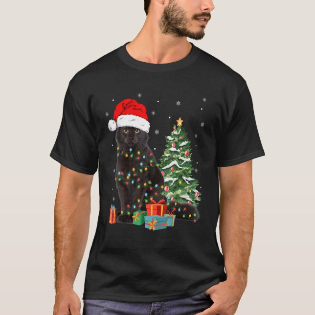 Black Cat Santa Tangled Up In Christmas Lights Xma T-Shirt (Front)