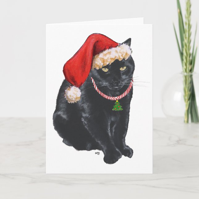 Black Cat Santa's Helper at Christmas Holiday Card (Front)