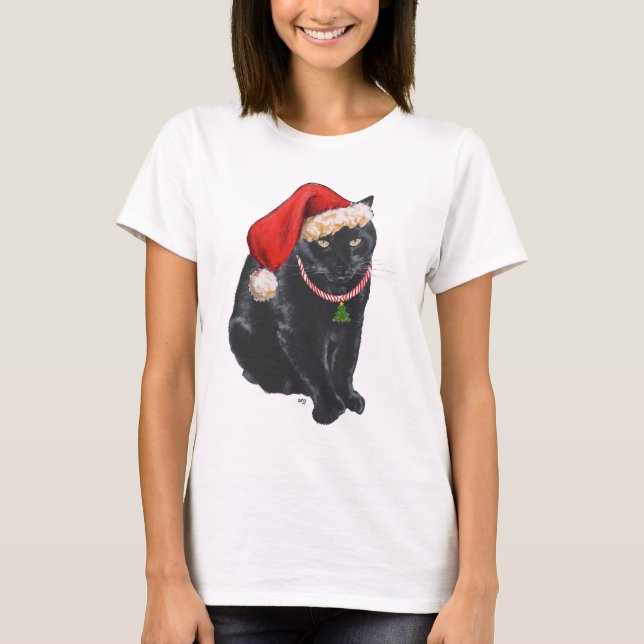 Black Cat Santa's Helper at Christmas T-Shirt (Front)