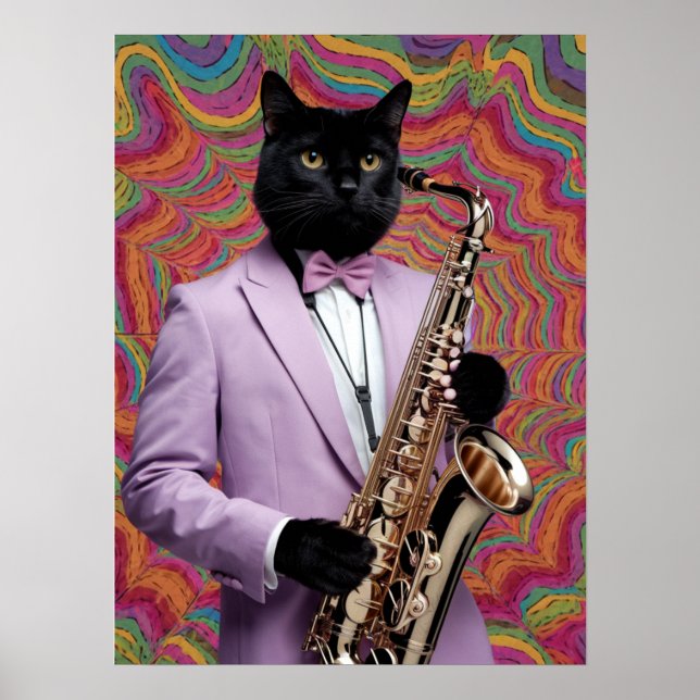 Black Cat Saxophone Player Poster (Front)