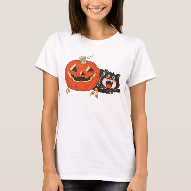 Black Cat Scared by Carved Pumpkin's Evil Smile T-Shirt (Front)