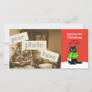 Black Cat Scarf Christmas Red Stripe Holiday Card