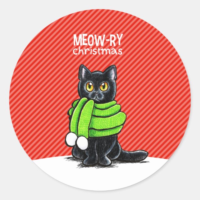 Black Cat Scarf Meow-ry Christmas Classic Round Sticker (Front)