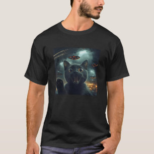Black Cat Selfie with UFOs cat meme Halloween T-Shirt