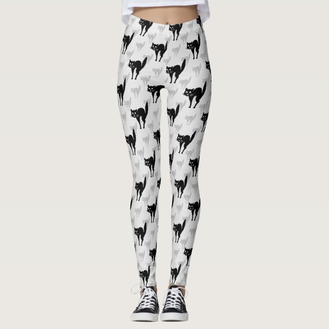 Black Cat Shadow Silhouette Pattern Design Leggings (Front)