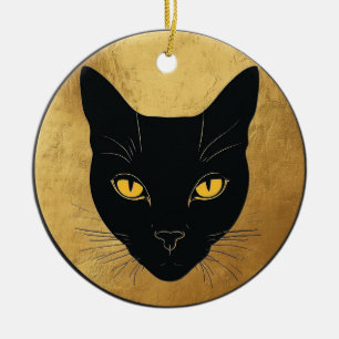 Black Cat Silhouette Against a Gold Circle Ceramic Tree Decoration