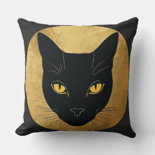 Black Cat Silhouette Against a Gold Circle Cushion