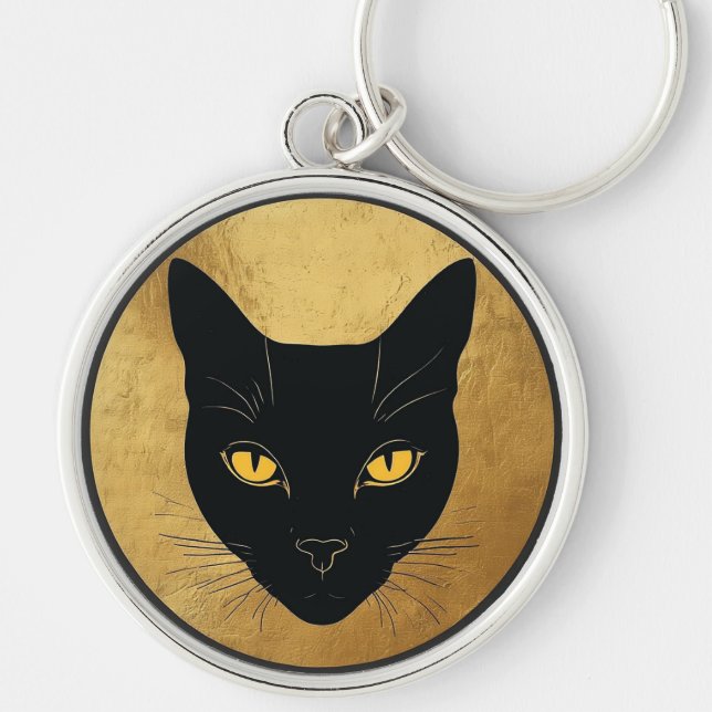 Black Cat Silhouette Against a Gold Circle Key Ring (Front)