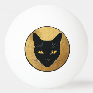 Black Cat Silhouette Against a Gold Circle Ping Pong Ball