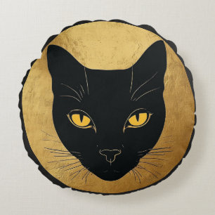 Black Cat Silhouette Against a Gold Circle Round Cushion