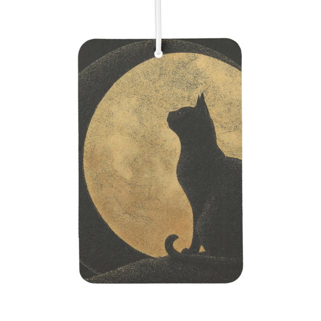 Black Cat Silhouette Against a Golden Moon Car Air Freshener (Front)