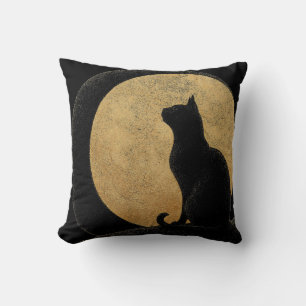 Black Cat Silhouette Against a Golden Moon Cushion