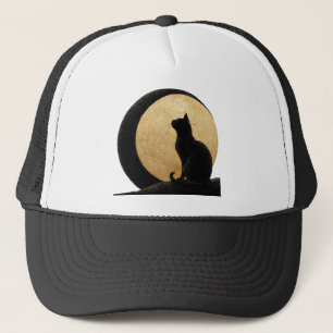Black Cat Silhouette Against a Golden Moon Trucker Hat