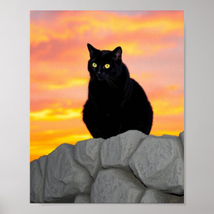 Black Cat Silhouette at Sunset Wall Art
