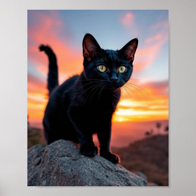 Black Cat Silhouette at Sunset Wall Art (Front)