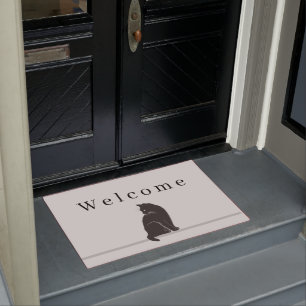 Black Cat Silhouette Black WELCOME Grey Doormat