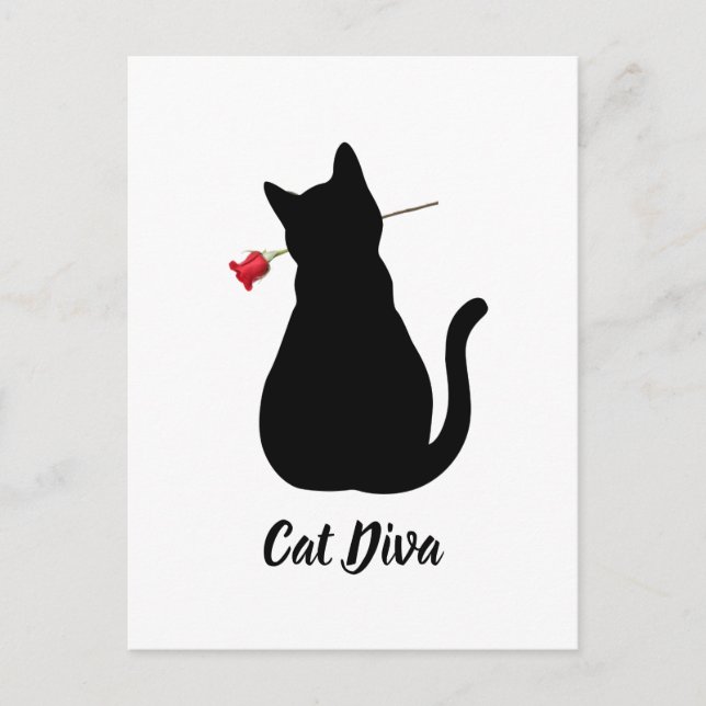 Black Cat Silhouette Diva Red Rose Pet Lover Fun Postcard (Front)