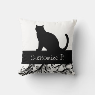 Black Cat Silhouette Elegant Baroque Trim Cushion