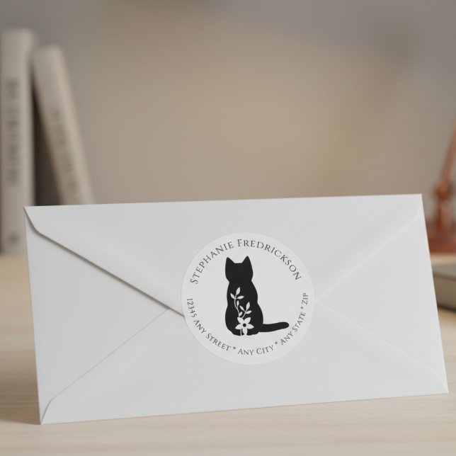 Black Cat Silhouette Floral Botanical Minimalist (Minimalist black cat floral return address sticker for the cat mom — a lovely holiday gift idea.)
