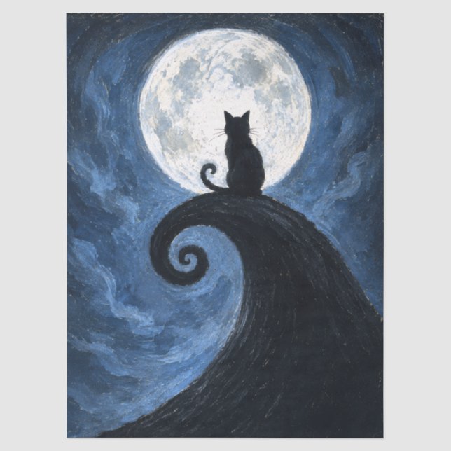 Black Cat Silhouette Full Moon Decoupage Tissue Paper (Front)
