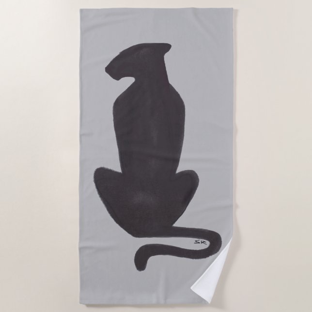 Black Cat Silhouette grey beach towel (Front)