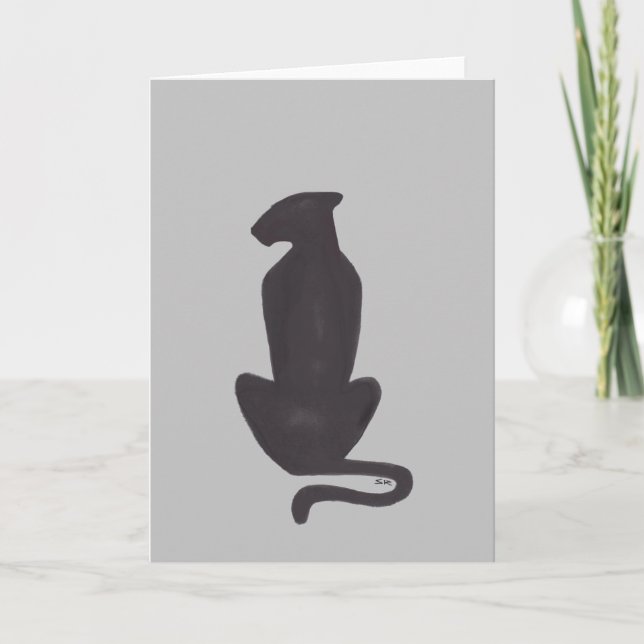 Black Cat Silhouette grey greeting card (Front)
