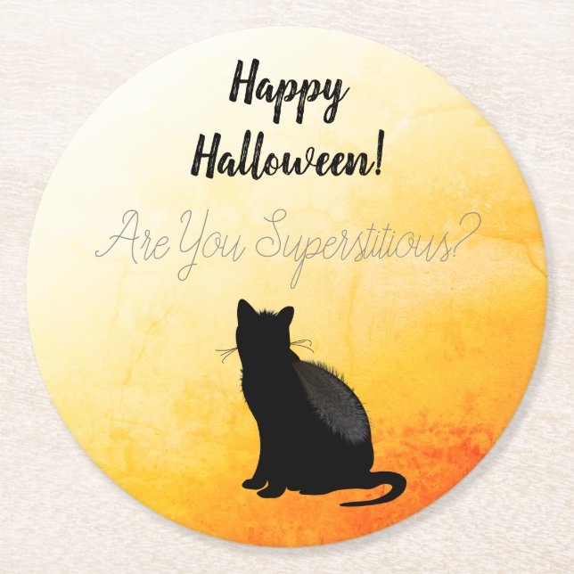 Black Cat Silhouette Halloween Round Paper Coaster (Front)