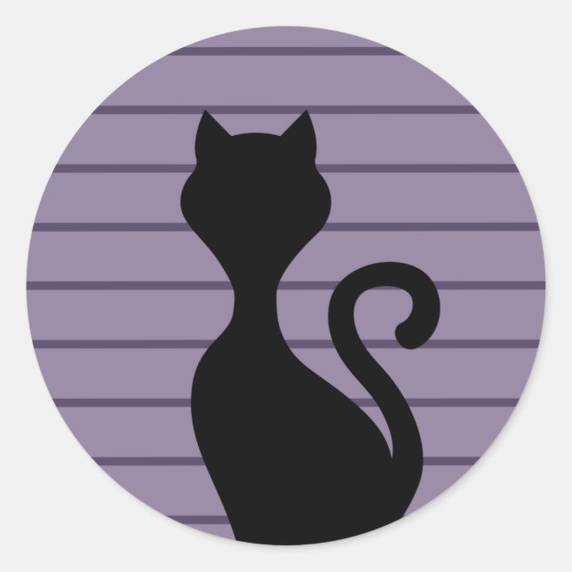 Black cat silhouette in purple background classic round sticker (Front)