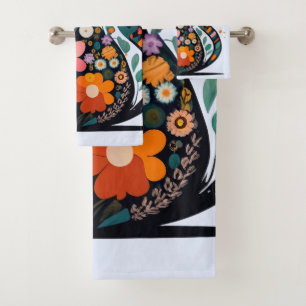 Black Cat silhouette made of colourful flowers Bath Towel Set