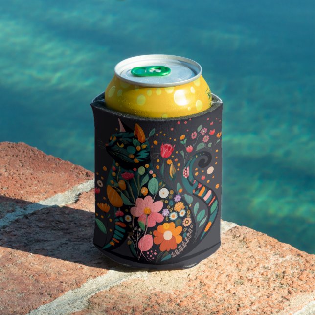 Black Cat silhouette made of colourful flowers Can Cooler (In Situ Pool)