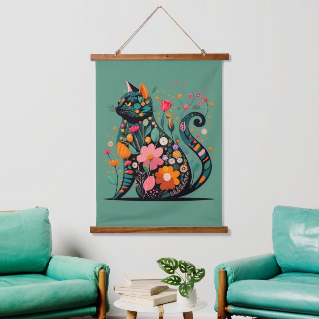 Black Cat silhouette made of colourful flowers Hanging Tapestry (Living Room)