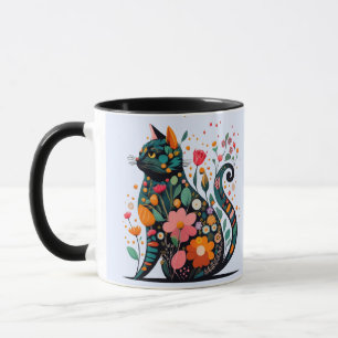 Black Cat silhouette made of colourful flowers Mug