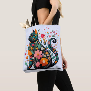Black Cat silhouette made of colourful flowers Tote Bag