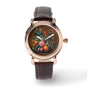 Black Cat silhouette made of colourful flowers Watch