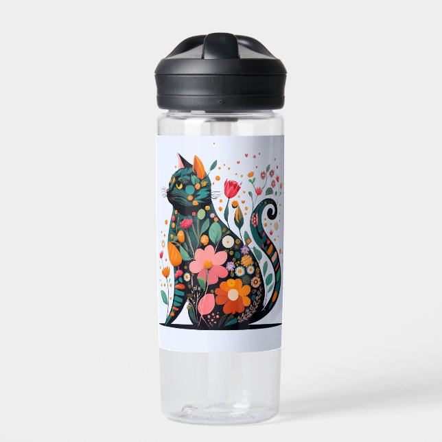 Black Cat silhouette made of colourful flowers Water Bottle (Front)