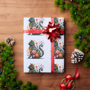 Black Cat silhouette made of colourful flowers Wrapping Paper