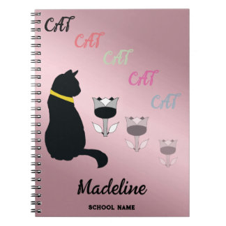 Black Cat Silhouette Modify Text & Flower Opacity Notebook