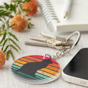 Black Cat Silhouette on Distressed Rainbow Key Ring
