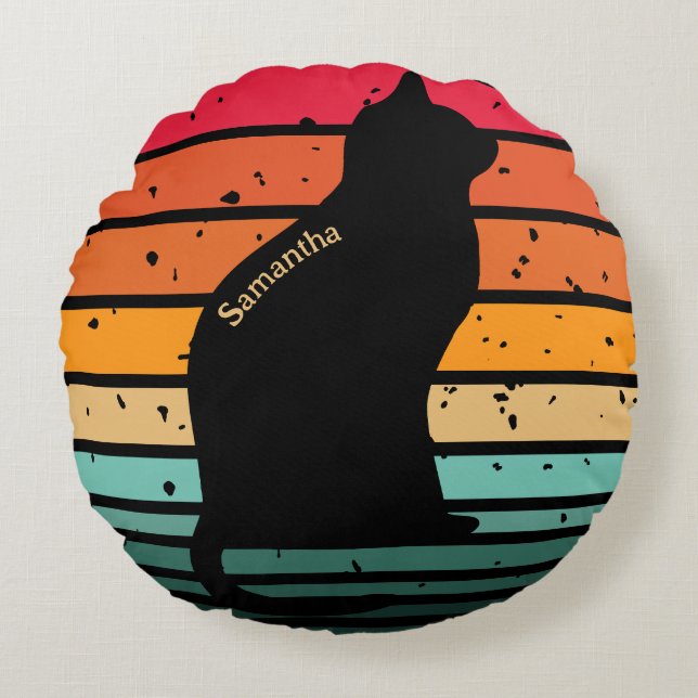 Black Cat Silhouette on Distressed Rainbow Round Cushion (Front)