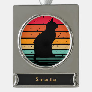 Black Cat Silhouette on Rainbow Circle Christmas Silver Plated Banner Ornament