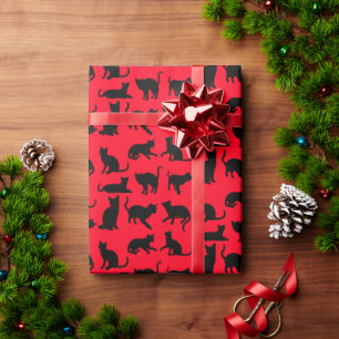 Black Cat Silhouette on Red Wrapping Paper