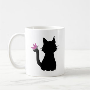 Black Cat Silhouette Pink Butterfly Coffee Mug
