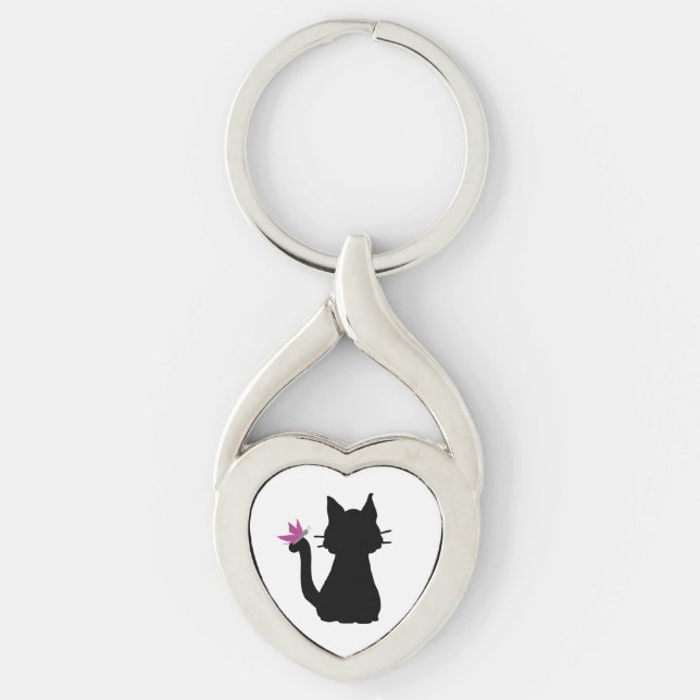 Black Cat Silhouette Pink Butterfly Key Ring (Front)