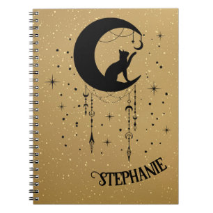 Black Cat Silhouette Playing On Decorated Moon Notebook