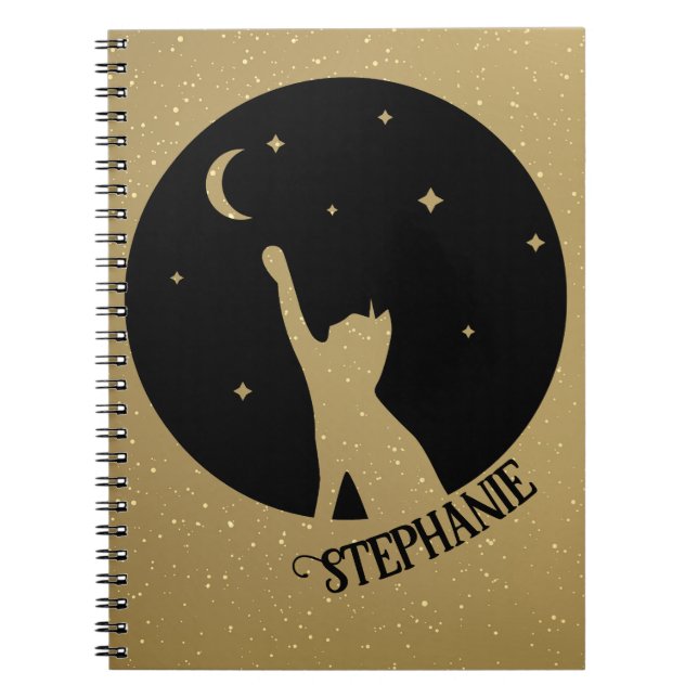 Black Cat Silhouette Reaching For Moon And Stars Notebook (Front)