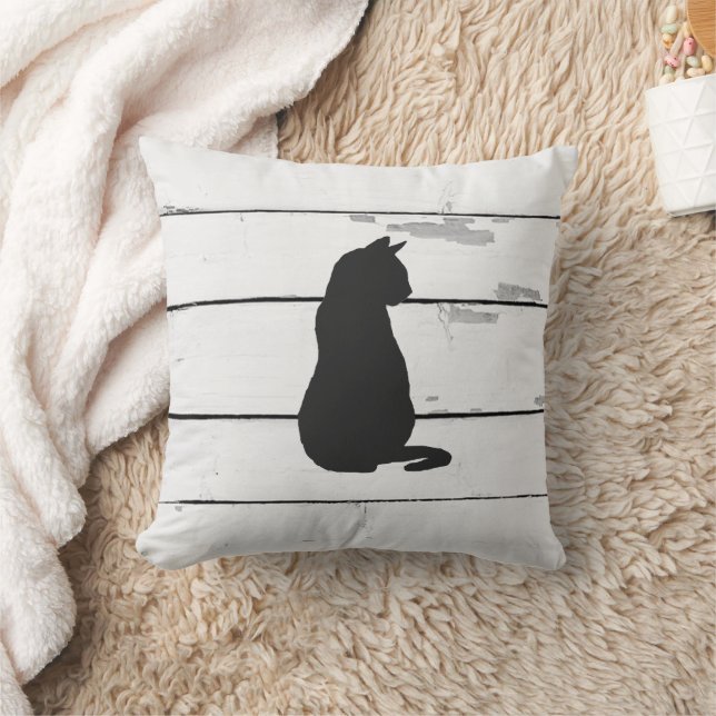 Black Cat Silhouette Shiplap Rustic Cushion (Blanket)