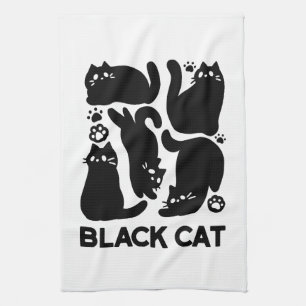 Black Cat Silhouettes - Cute Feline Design Tea Towel